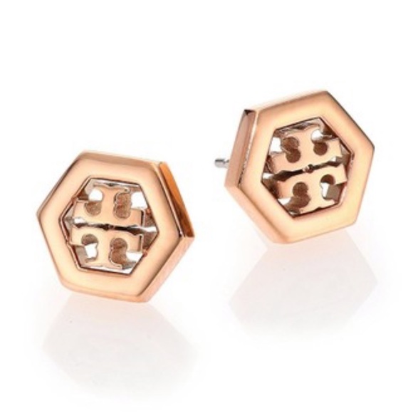 Tory Burch Rose Gold Hexagon Stud Earrings - Picture 6 of 6